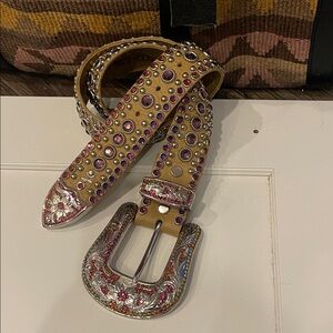 Kippys Beige Belt with Silver and Pink Swarovski Crystal Embellishments.